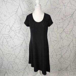 Compli K Black Stretch Knit Round Neck Asymmetrical Flowy Midi Dress
